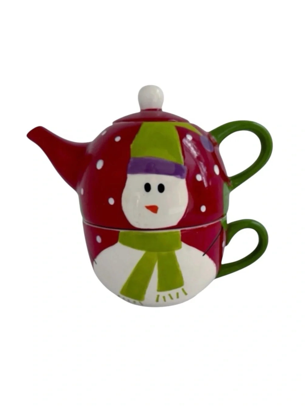 Pier 1 Imports Snowman Hand Painted Dolomite Teapot & Cup